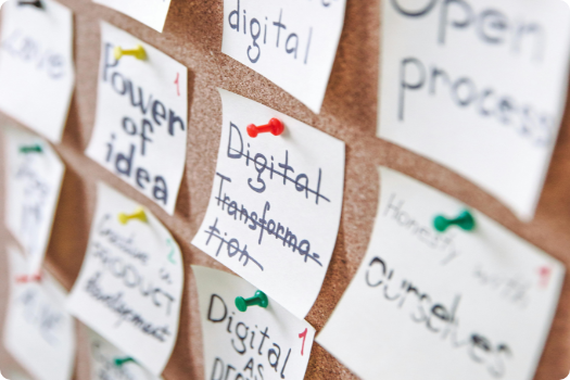 corkboard with sticky notes about digital process